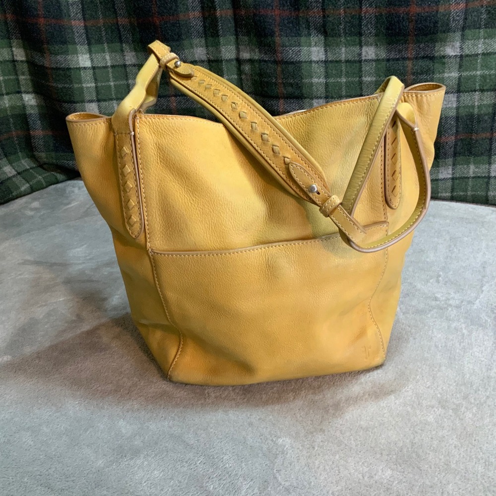 Frye Yellow Leather Shoulder Bag Woven Detail Tote Handbag